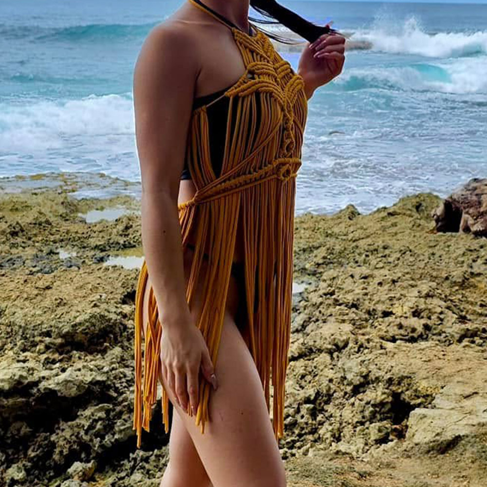 Gaun Pantai Boho Rajut Tangan  - Macrame Cord Cotton ulasan dan harga